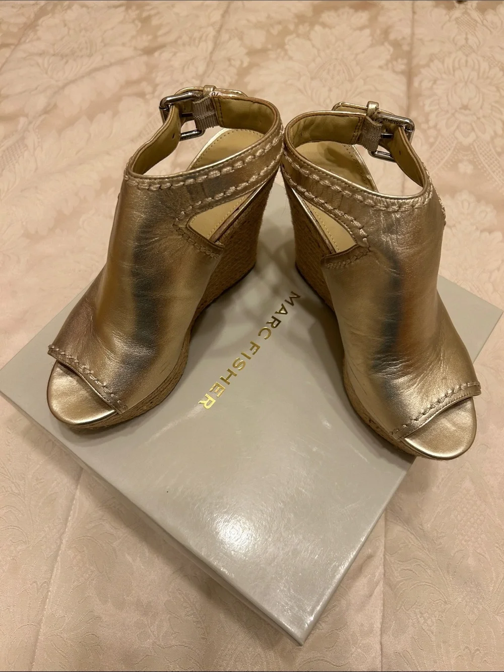 Marc Fisher Metallic Gold Leather Wedge Sandals with Buckle Ankle
